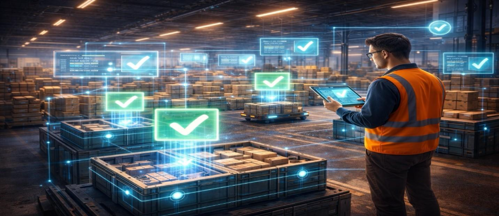 A person in a warehouse with boxes and boxes with boxes and boxes with green check marks

AI-generated content may be incorrect.